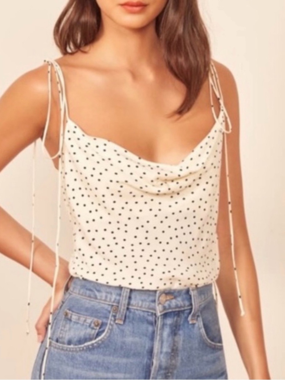 Reformation Leah Cami Cowl Neck Tie Top in Polka Dot Size XS